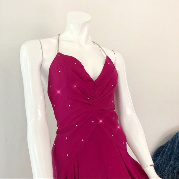 SOLD - VTG 80’s Ruched Crystal Magenta Dress - Picture 2 of 6
